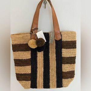 Mary Y Sol Straw Tote Bag -17x18x7 tan,brown , black lined , NWT